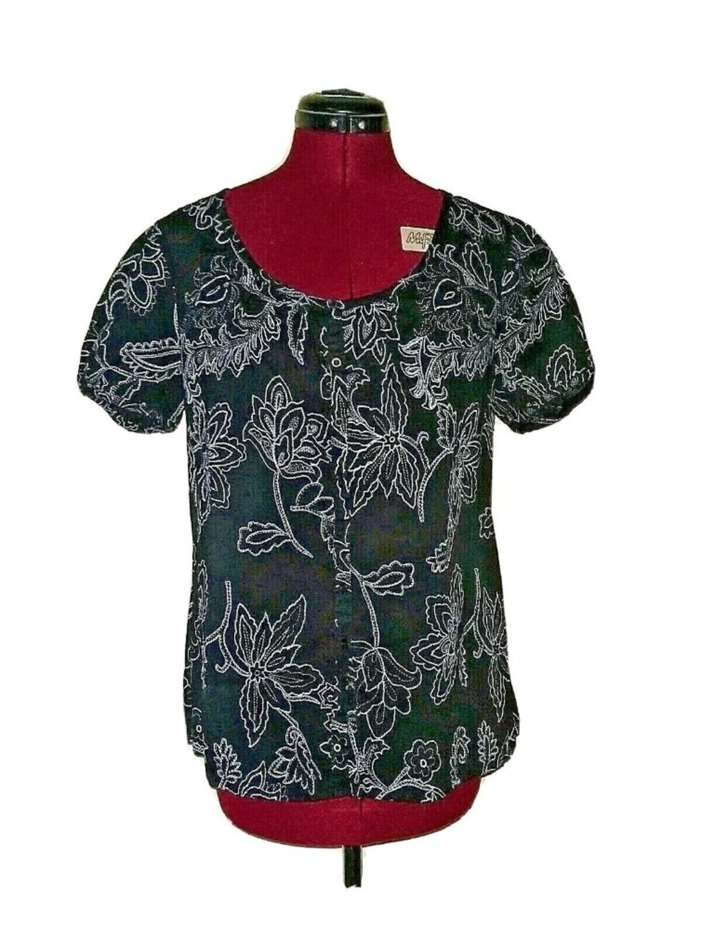 Bay Studio Blouse XL Women Black White Floral Button Front Top Casual Office